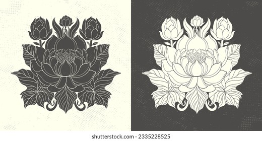 Floral lotus flower in art nouveau 1920-1930. Hand drawn lotus in a linear style with weaves of lines, leaves and  lotus flowers. Vector illustration.