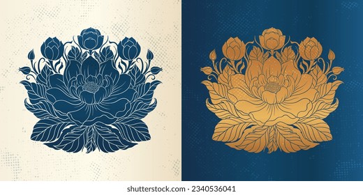 Floral lotus flower in art nouveau 1920-1930. Hand drawn lotus in a linear style with weaves of lines, leaves and  lotus flowers. Vector illustration.