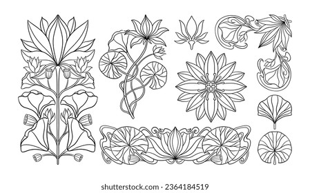 Floral lotus plant in art nouveau 1920-1930. Hand drawn in a linear style with weaves of lines, leaves and flowers. Vector illustration.