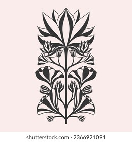 Floral lotus plant in art nouveau 1920-1930. Hand drawn in a linear style with weaves of lines, leaves and flowers. Vector illustration.