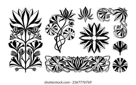 Floral lotus plant in art nouveau 1920-1930. Hand drawn in a linear style with weaves of lines, leaves and flowers. Vector illustration.