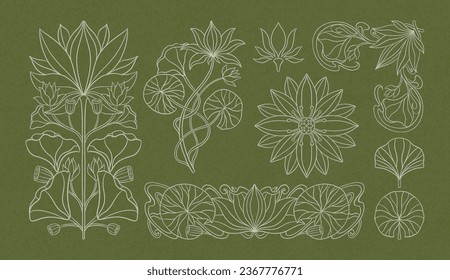 Floral lotus plant in art nouveau 1920-1930. Hand drawn in a linear style with weaves of lines, leaves and flowers. Vector illustration.