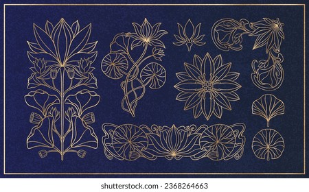 Floral lotus plant in art nouveau 1920-1930. Hand drawn in a linear style with weaves of lines, leaves and flowers. Vector illustration.