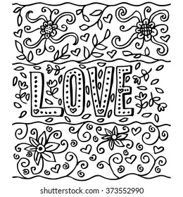  Floral LOVE. Hand drawing vector illustration.
