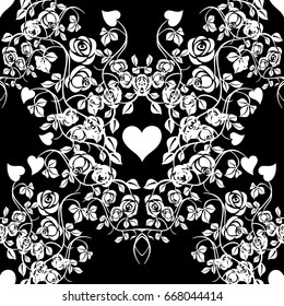 Floral love seamless pattern. Black damask background wallpaper illustration with white roses flowers, swirl line art leaves, love hearts,  antique ornaments in Baroque style. Vector isolated texture