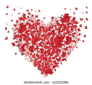 Floral Love Shape. Heart of butterflies. Vector illustration.