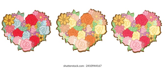 Floral Love Shape ,three Bouquet of flowers in the shape of a heart. vector file for mother's day or valentines day card.