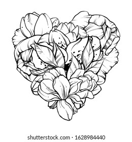 Floral love symbolic art in boho style. Black and white vector Illustration. Flowers, leaves bouqet heart shape. Black and white Design element for invitation, tattoo, Valentines day greeting card