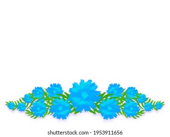 Floral lush vine hand drawn banner. Blue field cornflowers with weaves green leaves spring bundle template with bright colors vector impressionism.