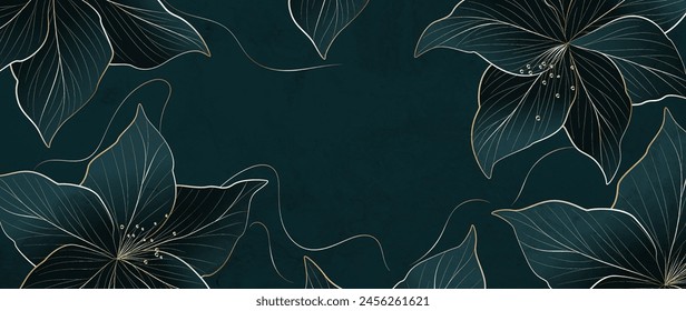 Floral luxury art background with golden elements in line art style. Botanical banner for decoration, print, textile, wallpaper, packaging, interior design, poster, invitations