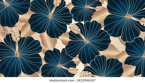 Floral luxury background with blue lush flowers and golden leaves. Delicate floral card, cover design.