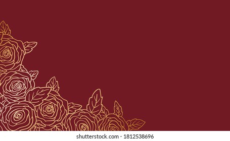 Floral luxury card template for business, presentation, invitation or greeting with golden roses bouquet corner decoration hand drawn contour line on burgundy color background