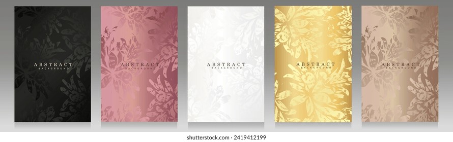 Floral luxury cover collection. Printed art design, botanical pattern, bouquet, flower and petals. Vector background for elegant brochure, invitation, wedding card, beauty, packaging.