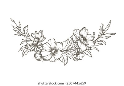 Marco floral de lujo con Elementos de flores y hojas. Composición botánica floral dibujada a mano. Ilustración vectorial en línea estilo de arte para invitación de boda, tarjeta, logotipo, diseño