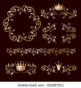 Floral luxury golden design elements, vintage royalty frames, ornamental border with crowns isolated on dark brown background. Vector illustration.