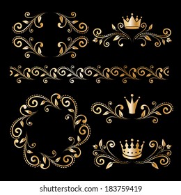 Floral luxury golden design elements, vintage royalty frames, ornamental border with crowns isolated on black background. Vector illustration. 