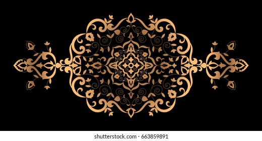 Floral luxury pattern vector. Golden ornament with flowers motifs. Oriental arabic design element for wedding invitation, greeting or save the date card, bridal shower party or spa beauty flyer.