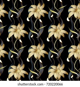 Floral luxury seamless pattern. Vector black striped floral background. 3d wallpaper with vintage hand drawn gold 3d flowers, swirl  leaves, wave vertical stripes and modern ornaments. Surface texture