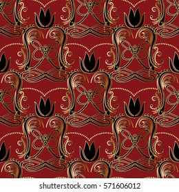 Floral luxury vector seamless pattern background wallpaper illustration with vintage stylish beautiful modern 3d gold and black line art flowers leaves and damask ornaments in Victorian style.