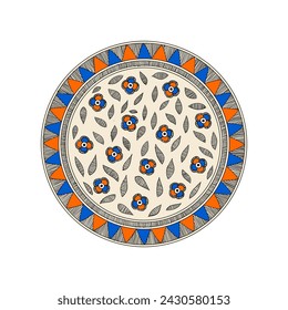 floral madhubani art , beautiful madhubani round painting on white background , for print on demand cushion , mugs stationaries , crockeries