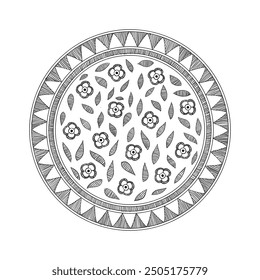 floral madhubani art , beautiful madhubani round painting on white background , for print on demand cushion , mugs stationaries , crockeries