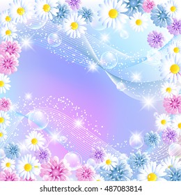 Floral magic background with bubbles and colorful flowers. Greeting card.