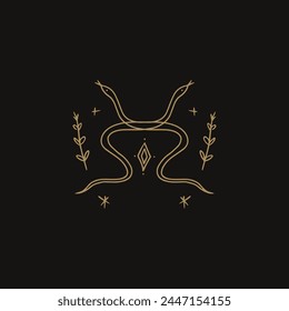 Floral magic boho celestial snakes minimalistic line logo or label. Snake and botanicals. Floral serpent black gold contour design. Botanical elements, rustic decorative plants and sparkles