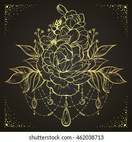 Floral magic composition in boho style. Vector gold Illustration glitter decor on black background. Hand drawn ornate flowers, leaves, sticks, buds, beads. Design for  greeting card invitation, tattoo