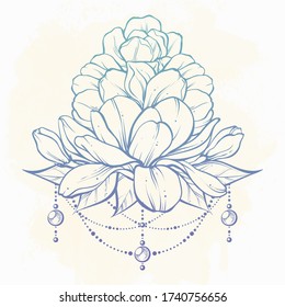 Floral magic composition in vintage boho style. Vector Illustration. Hand drawn ornate flowers, leaves, sticks, buds, beads on watercolor background. Design element for invitation, tattoo