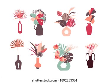 Floral magic composition in vintage boho style set. Vector Illustration. Graphic flowers, leaves in pastel colors. Vase of boho flowers