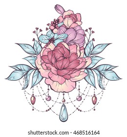 Floral magic composition in vintage boho style. Vector Illustration. Graphic flowers, leaves, sticks, buds, beads in pastel colors. Design element for invitation, tattoo