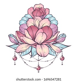 Composición de magnolias florales en estilo boho elegante. Ilustración vectorial. Flores gráficas, hojas, brotes, cuentas en colores pastel. Elemento de diseño para invitación, tatuaje