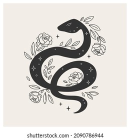 Serpiente mágica floral. Serpiente celestial y peonías. Serpiente negra entre rosas. Símbolo de magia y ritos ocultos. Ilustración vectorial. Serpiente con un patrón punteado