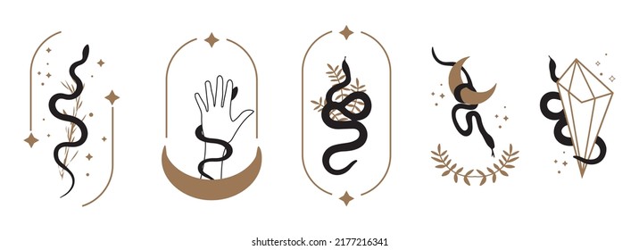 Floral magic Snake. Snake and wildflowers. Halloween and boho Floral design. Botanical elements. Rustic decorative plants. Black silhouette snake. Minimal snakes for logo, tattoo.