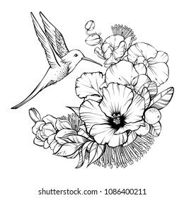 Mágica floral arte simbólico al estilo boho. Ilustración vectorial en blanco y negro. Composición de ramo con flores exóticas tropicales y pájaro zumbador. Elemento de diseño espiritual para invitación, tatuaje