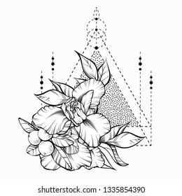 Floral magic symbolic art in boho style. Black and white vector Illustration. Ornate flowers, leaves, sticks, beads. Spirituality, alchemy, sacred geometry design element for invitation, tattoo