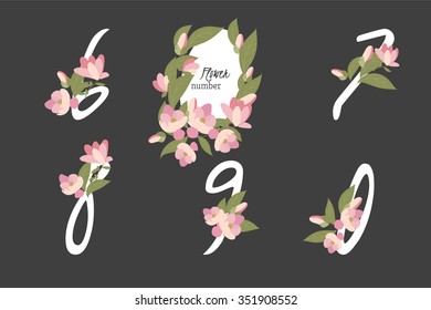 Floral magnolia  collection numbers in vintage color. Six, seven, eight, nine, zero- signs vector