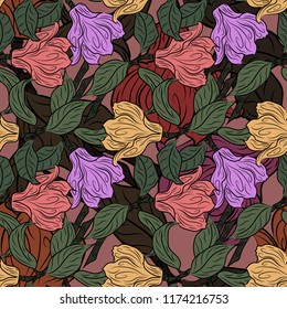 Floral magnolia cute seamless pattern. Vector illustration.