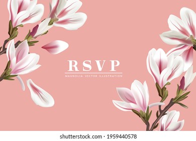 Floral Magnolia flowers RSVP card placement template. Contemporary layout vector illustration.