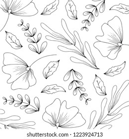 Floral Magnolia. Hand drawn Floral pattern. Black and white Floral Pattern.