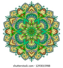 Floral Mandala with butterflies. Nature green colors.