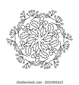 Floral mandala coloring book for adult and children. Hand drawn line botanical pattern. Leaves, acorns, berries. Doodle Vector illustration