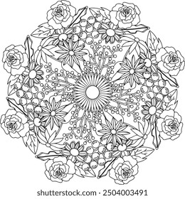 Floral Mandala Coloring Page Adult Intricate Seamless Vector Flower Bouquet