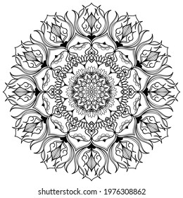 Floral Mandala Coloring Page For Adults And Teenage. Circle Pattern In Form Of Mandala Black On White Background. Line Art Vector Illustration Isolated On White. Vintage Decorative Elements. 