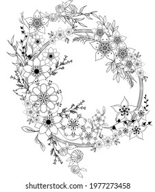 Floral mandala coloring page for adults. Black line art on white background. Wreath, bouquet flowers inform of mandala. Art for relaxation. 