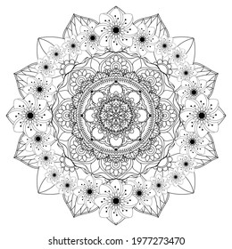 Floral mandala coloring page for adults. Black line art on white background. Wreath, bouquet flowers inform of mandala. Art for relaxation. 