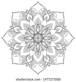 Floral mandala coloring page for adults. Black line art on white background. Wreath, bouquet flowers inform of mandala. Art for relaxation. 
