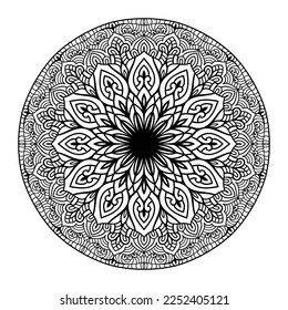 Floral mandala coloring page interior, hand drawn outlined mandala line art doodle for coloring page, floral mandala coloring book