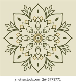 A floral mandala is depicted in a circular pattern with symmetrical leaves and petal shapes, suitable for use in designs, backgrounds, or as an artistic element.