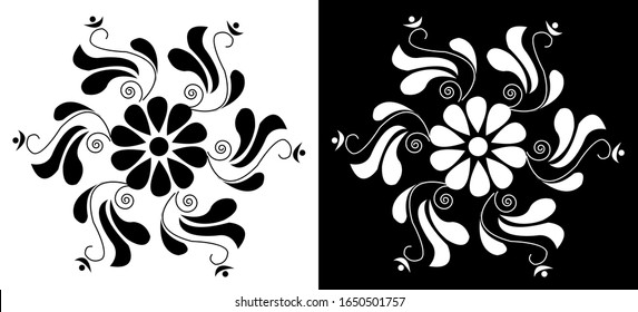 Floral Mandala design concept of Flower petals, Spirals, circles and leaves is in black and white background